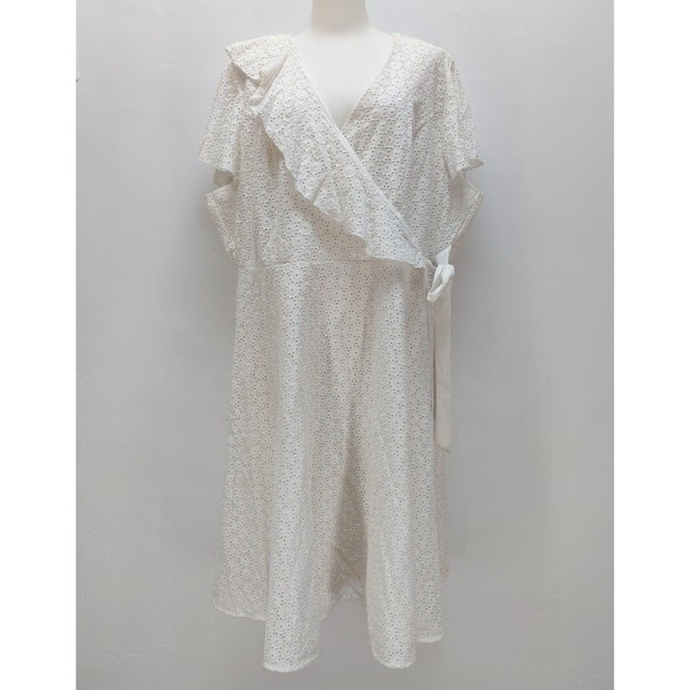 Eloquii Studio Wrap Dress Women's 20 White Cotton Eyelet Lace Ruffle Midi Summer